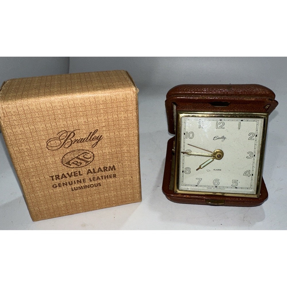Vintage Bradley Travel Alarm Clock Brown Leather‎ Case w/ Box-Works-glows-(30)